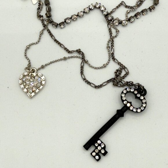 Betsey Johnson Layered Necklace Key Heart Pendants Rhinestones Bow Accents - Picture 13 of 15